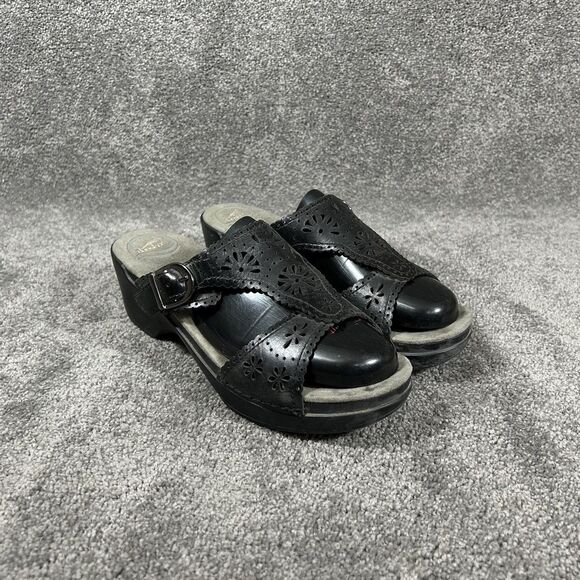 Dansko Sapphire Women’s Size EU 40 US 9.5 Black Leather Cutout Wedge Slides Used - Picture 1 of 11